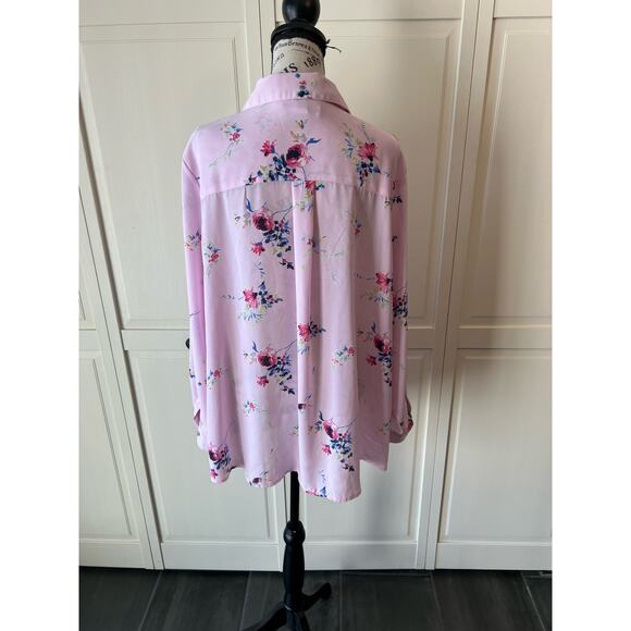Roaman's Plus Size Light Pink Floral lightweight button up long sleeve blouse - Picture 2 of 9